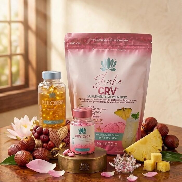 Shake CRV y CRV Caps de PureHealth rodeados de fruta natural